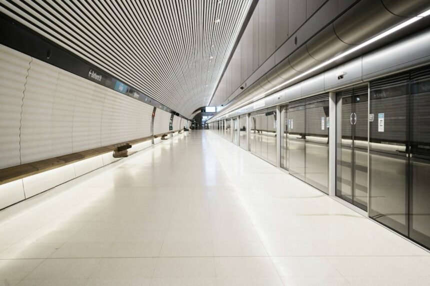 An empty metro platform with full-height screen doors, the driverless station format behind the Riyadh Metro map