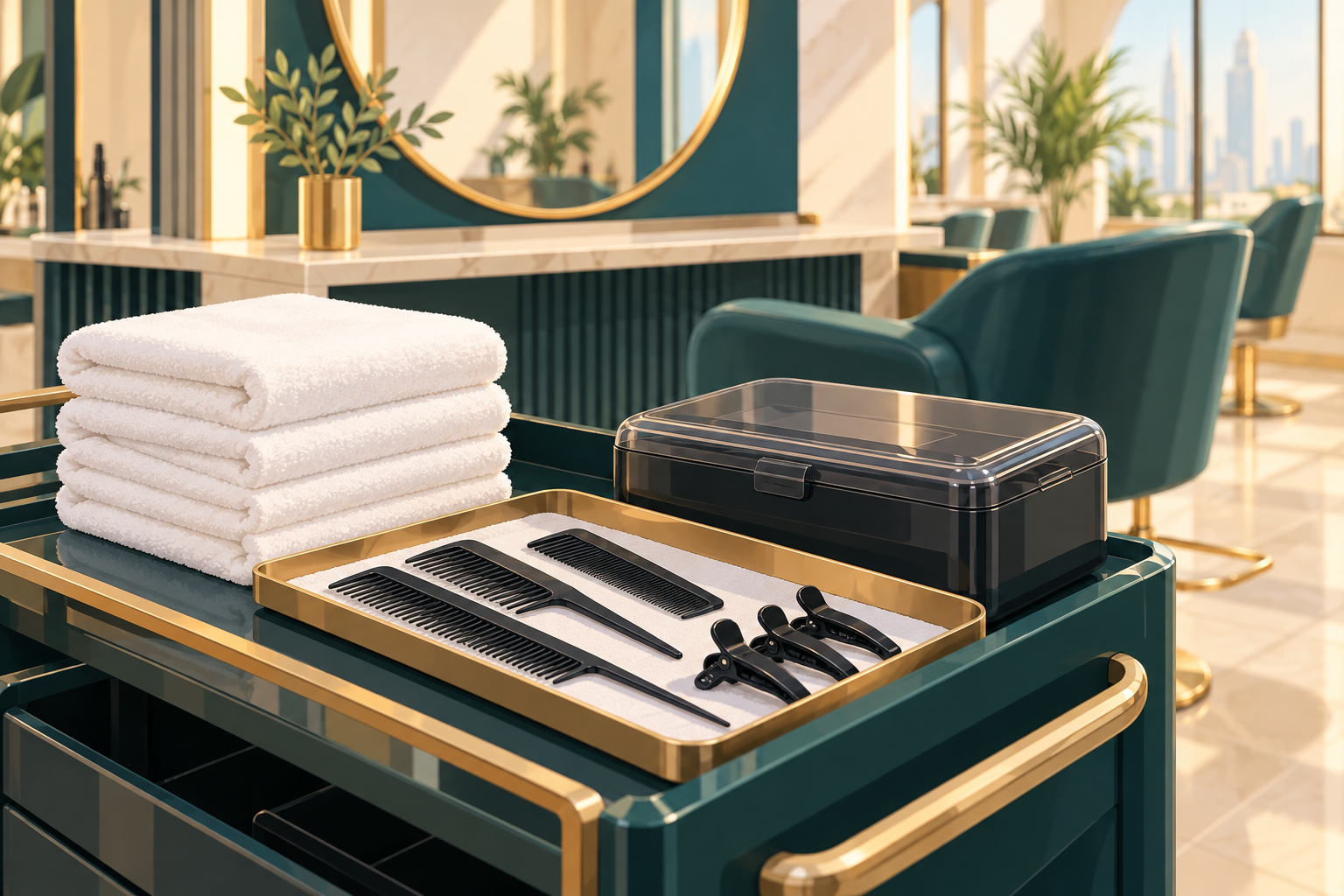 A clean salon workstation with fresh folded towels and tools laid out ready for the next client