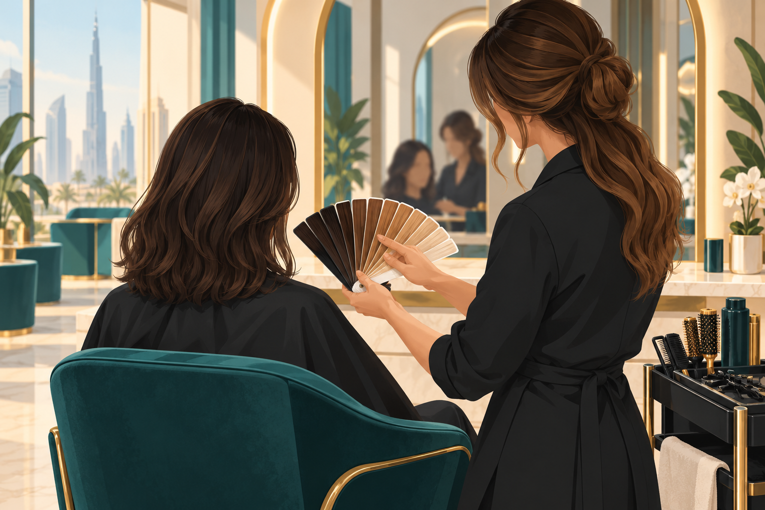 A stylist and a client talking at a salon mirror while looking at hair colour swatches before an appointment